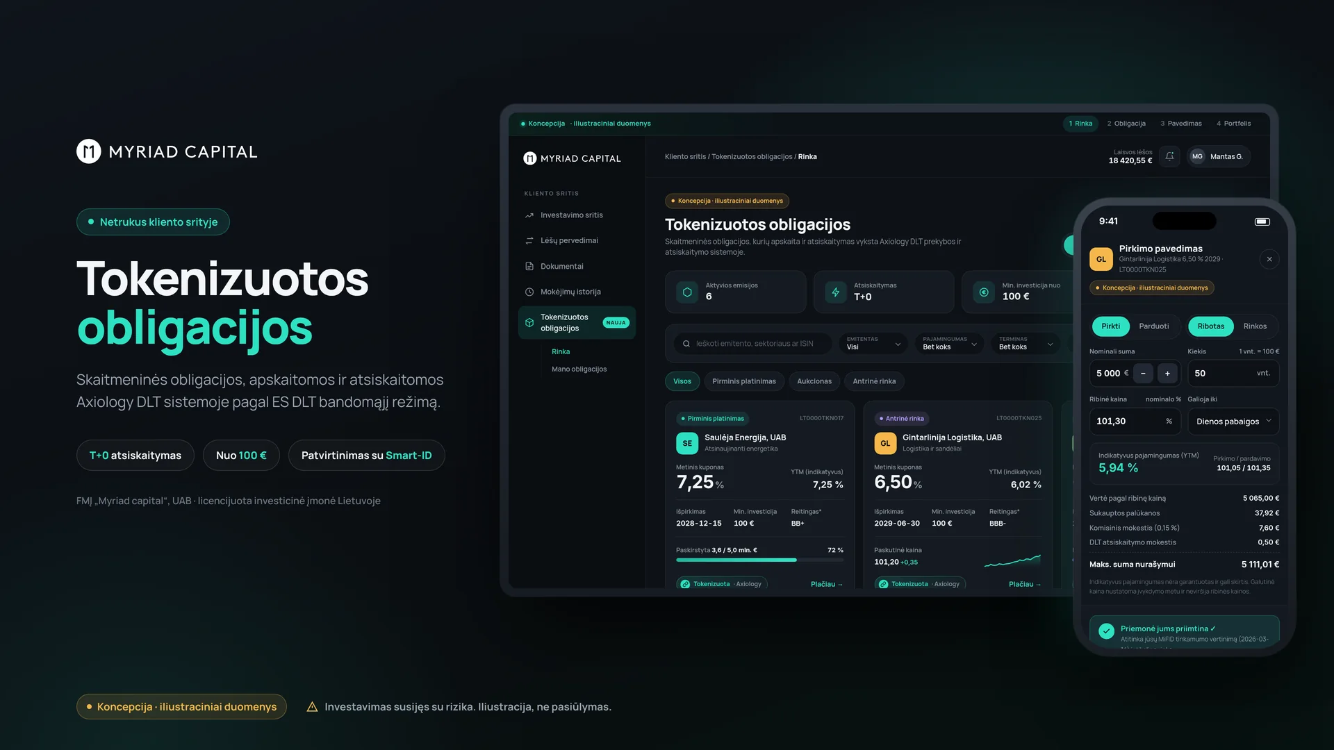 Concept: tokenised bond market in the “Myriad capital” client area on desktop and mobile (illustrative data)