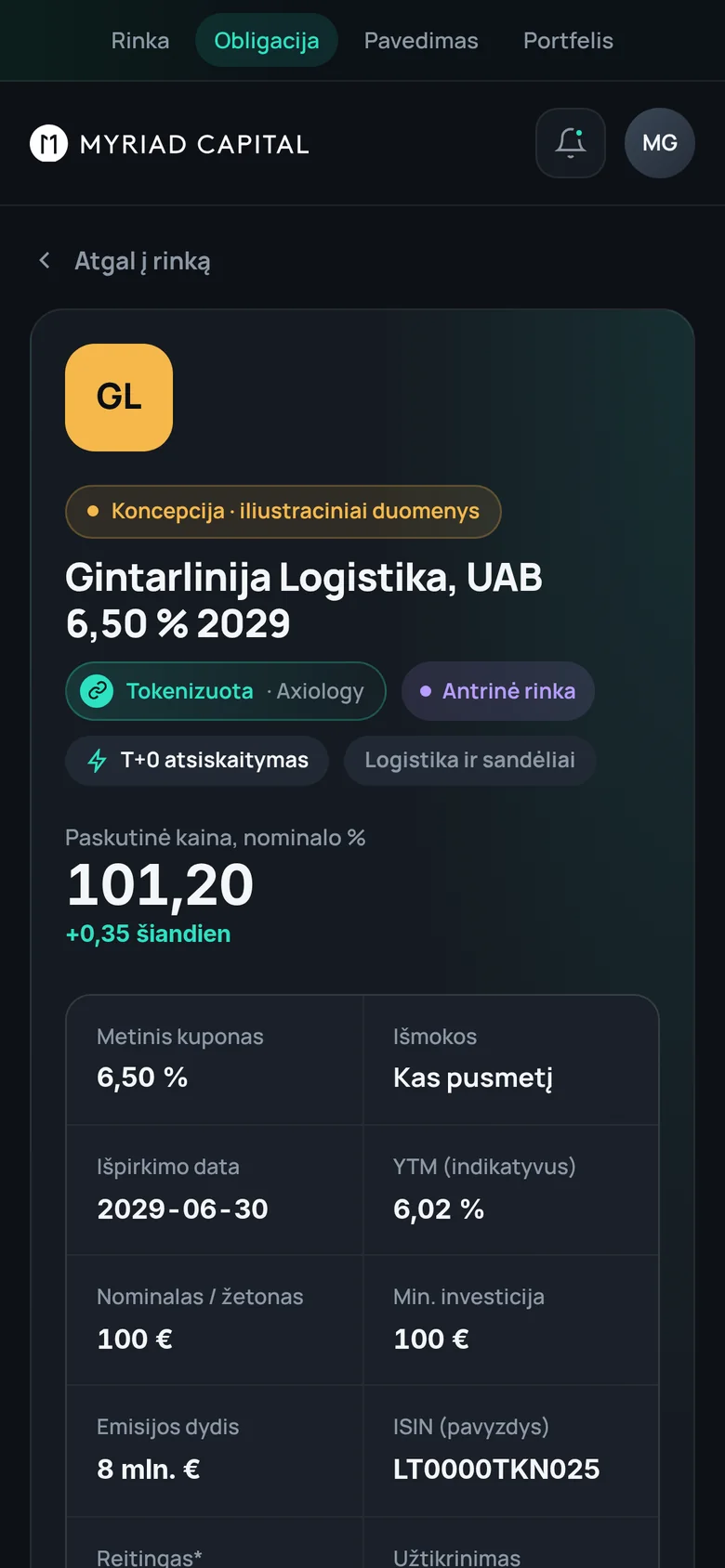 Concept: tokenised bond details page on mobile (illustrative data)