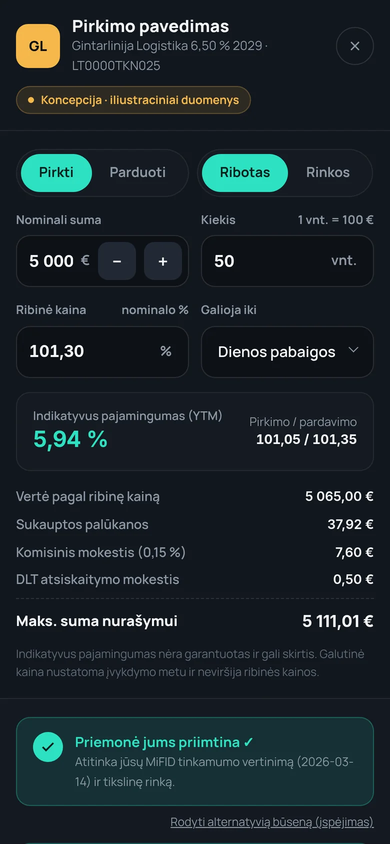 Concept: tokenised bond buy order on mobile (illustrative data)