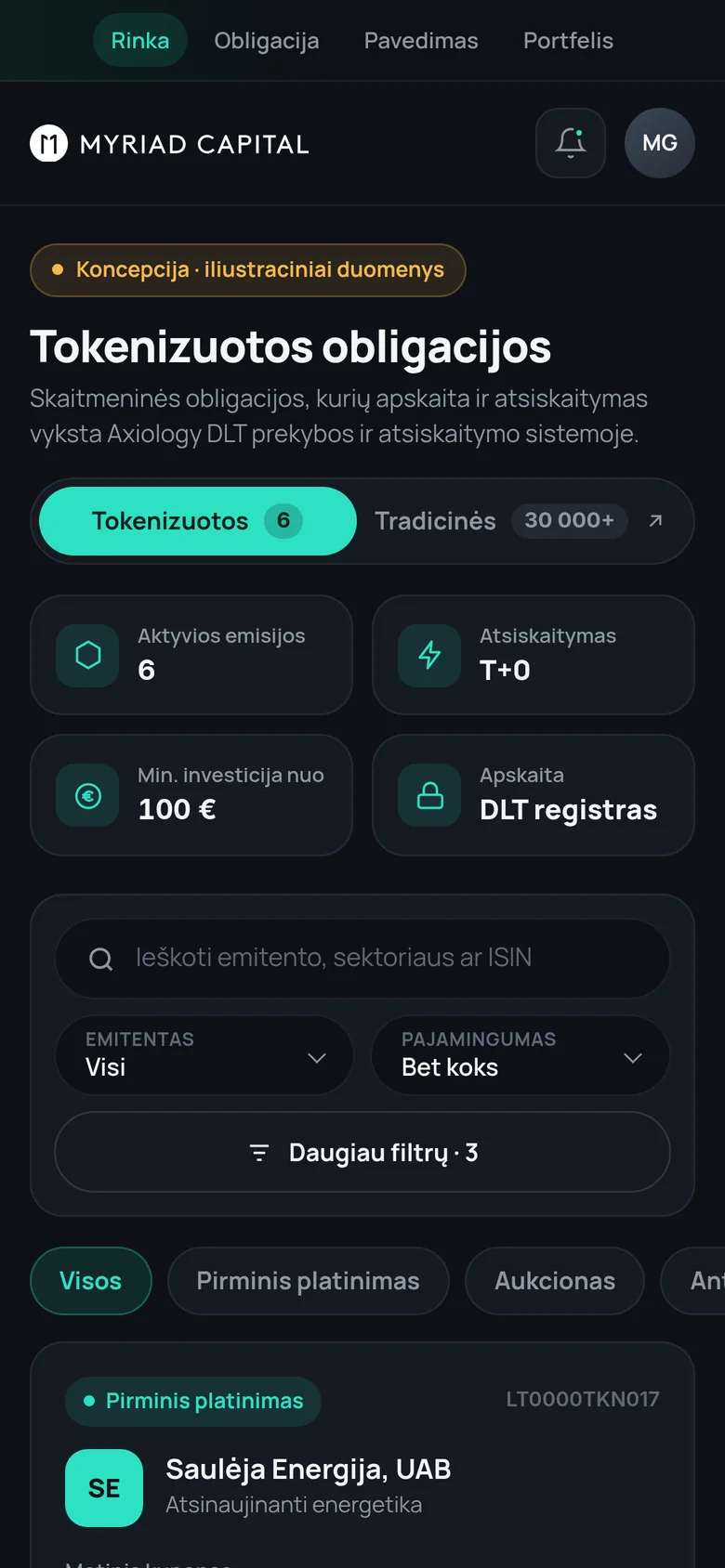 Concept: tokenised bond market on mobile (illustrative data)
